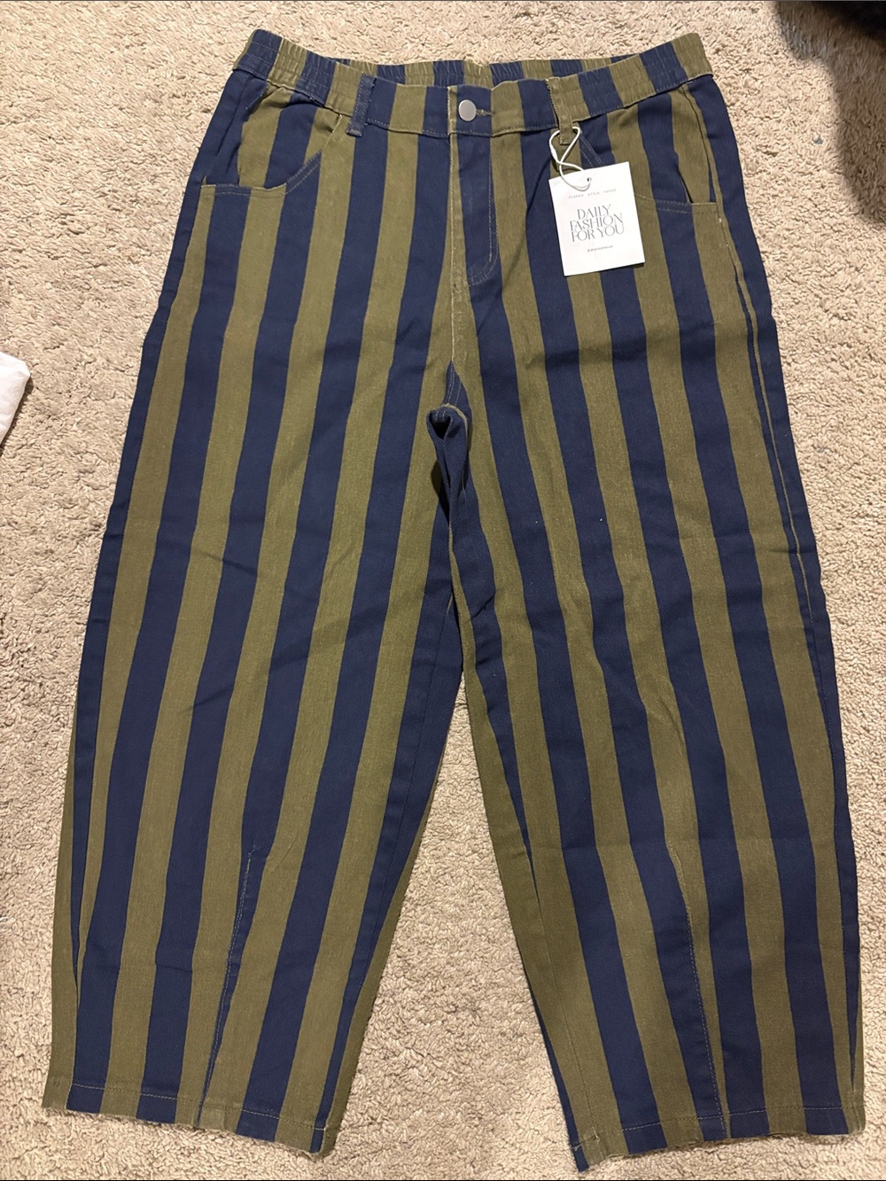 NWT Olive & Navy Striped Barrel Jeans High Rise Cropped Pants